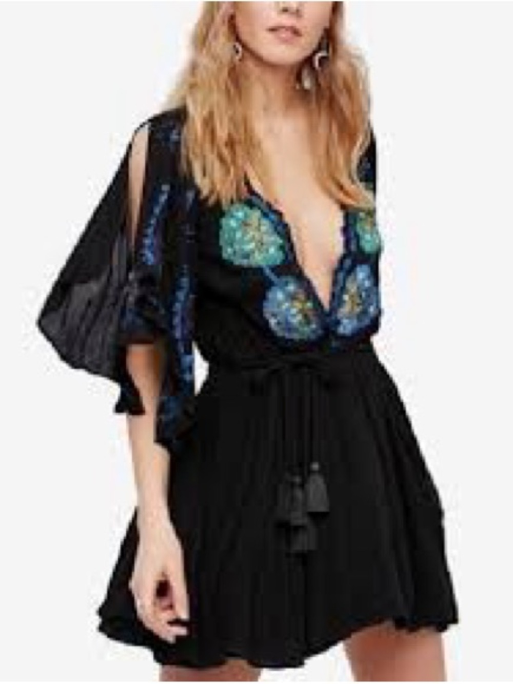 Free People Embellished Black V-Neck Mini Dress